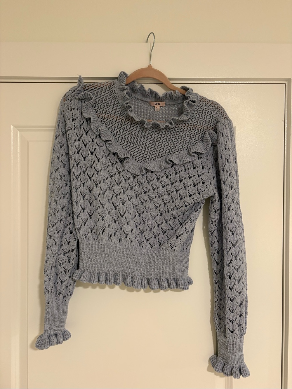 LF Powder Blue Ruffle Knit Crewneck Sweater